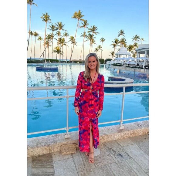 Louna Pink Blue Floral Cutout Midi Dress – Size M - Picture 6 of 16